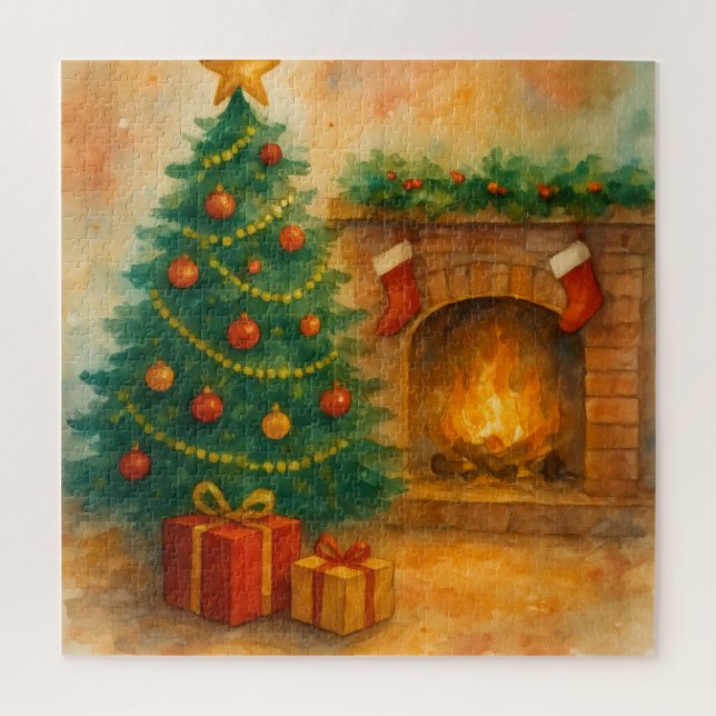 Quebra-cabeça Watercolor Christmas Tree & Cozy Fireplace Holiday (Vertical)