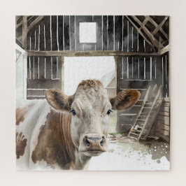 Quebra-cabeça Watercolor Hereford Cow Em Barn