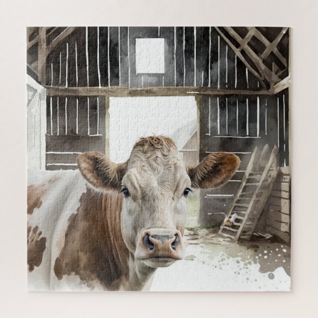 Quebra-cabeça Watercolor Hereford Cow Em Barn (Vertical)