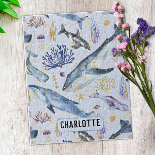 Quebra-cabeça Watercolor Sea Life Whales Faux Glitter Name Gift