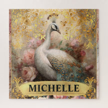 Watercolor Vintage - Pavão Branco e Rosas Rosa