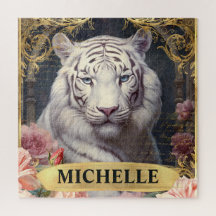 Watercolor Vintage White Tiger e Rosas Rosa