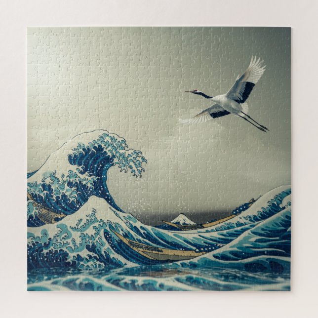 Quebra-cabeça Waves and Crane – A Dreamlike Ukiyo-e Vision　 (Vertical)