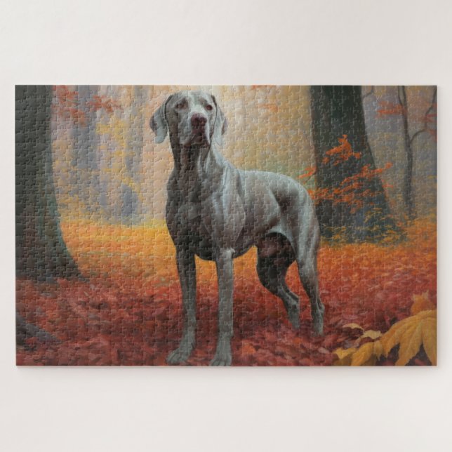 Quebra-cabeça Weimaraner no Outono Folhas Caídas Inspiram (Horizontal)