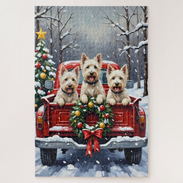 Quebra-cabeça West Highland White Terrier Christmas Red Truck (Vertical)