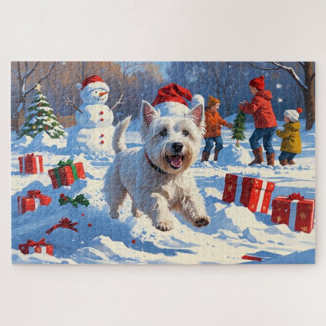 Quebra-cabeça Westie correndo em neve com chapéu de Natal (Horizontal)