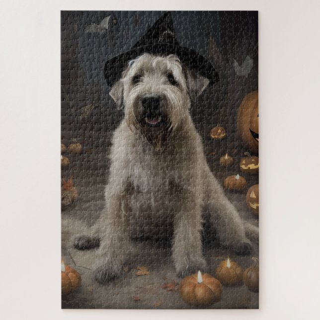 Quebra-cabeça Wheaten Terrier Pumpkins Halloween Assustado (Vertical)