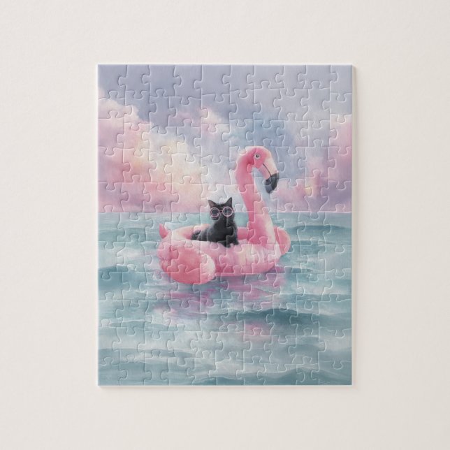 Quebra-cabeça Whimscolor Watercolor Black Cat Flamingo Float (Vertical)