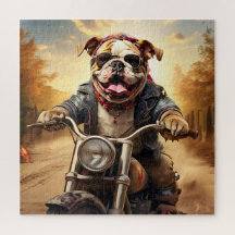 Whimsic Bulldog Chopper dirigindo uma moto