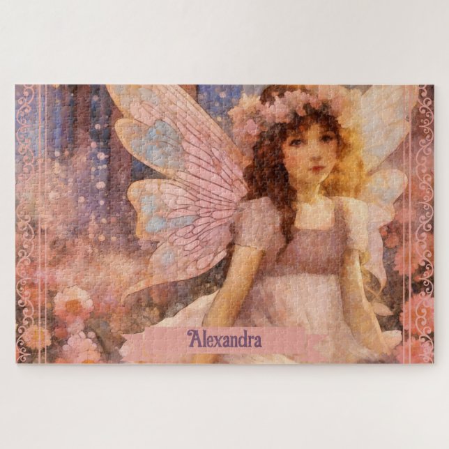 Quebra-cabeça Whimsical Fairy in Dreamy Pink Floral Garden (Horizontal)