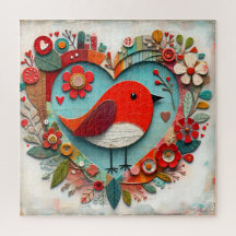 Whimsical mixed media Red Robin Bird Heart