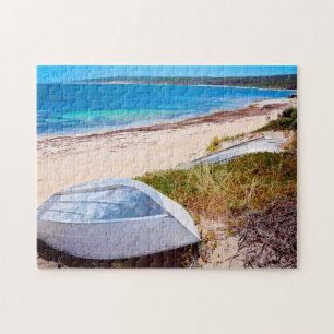 Quebra-cabeça White boat Beach Blue Sky Ocean Photo