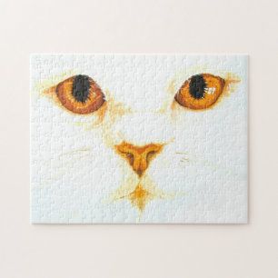 Quebra-cabeça White Cat Amber Eyes Watercolor Art Impressão