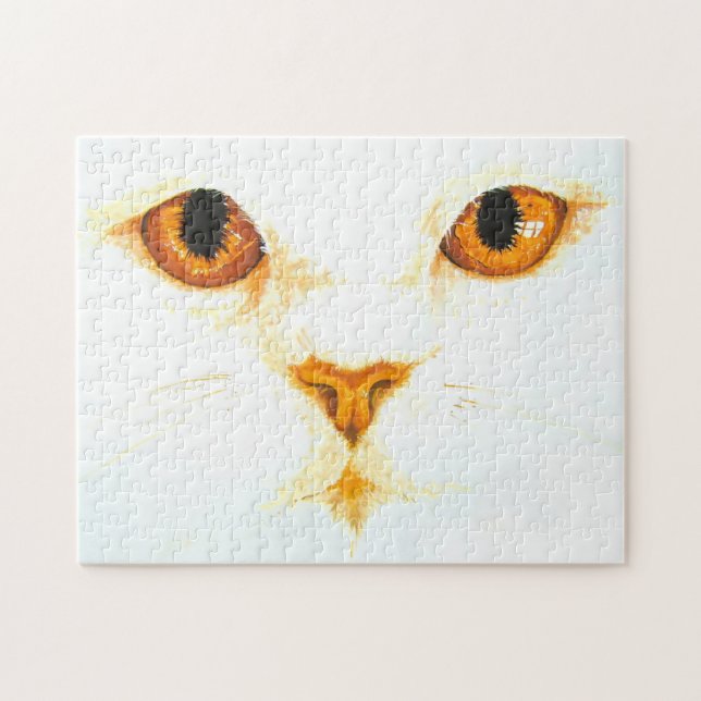 Quebra-cabeça White Cat Amber Eyes Watercolor Art Impressão (Horizontal)