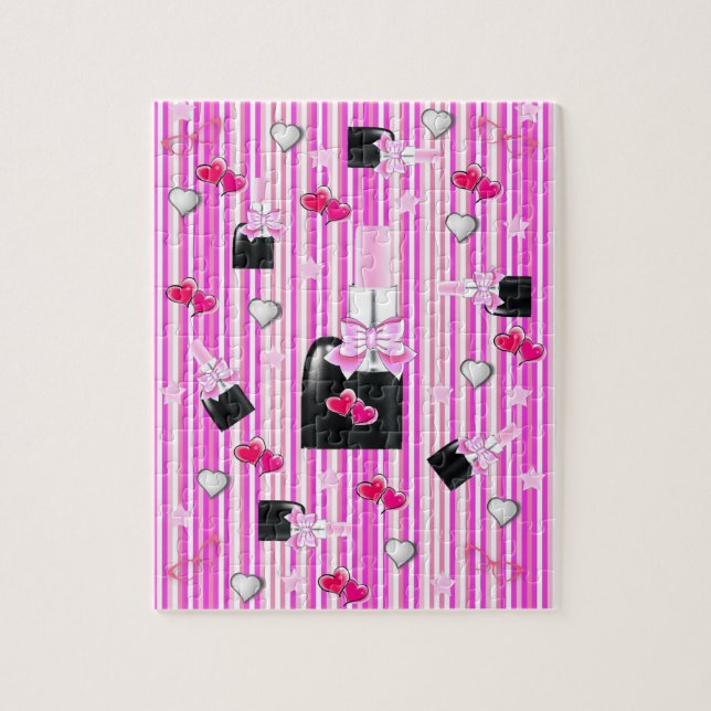 Quebra-cabeça White Pink Stripes Nail Corações Pol (Vertical)