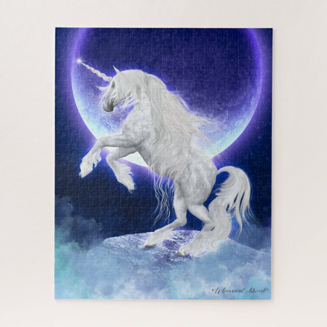 Quebra-cabeça White Unicorn Rearing to the Moon (Vertical)
