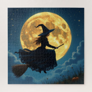 Quebra-cabeça Wicked Halloween Bruxa com vassoura e lua cheia