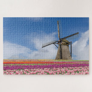 Quebra-cabeça Windmill E Colorful Tulips Amsterdam Países Baixo
