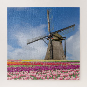 Quebra-cabeça Windmill E Colorful Tulips Amsterdam Países Baixo