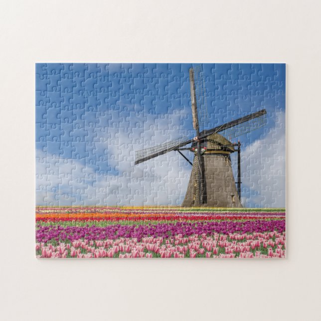 Quebra-cabeça Windmill E Colorful Tulips Amsterdam Países Baixos (Horizontal)
