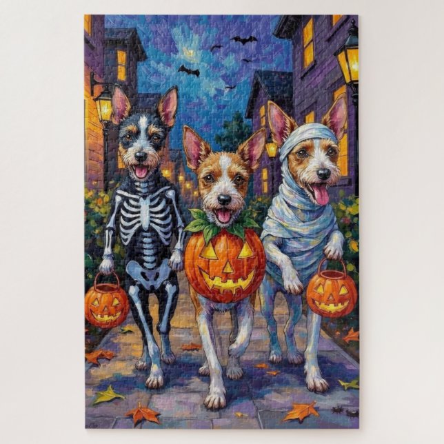Quebra-cabeça Wire Fox Terrier Fazendo Trick-or-Treating no Hall (Vertical)