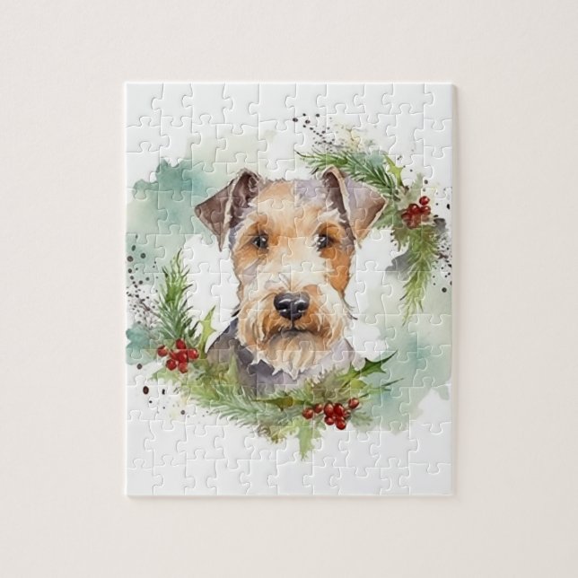 Quebra-cabeça Wirefox Terrier Wreath de Natal Festivo Pup (Vertical)