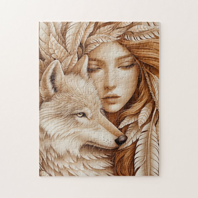 Quebra-cabeça Wolf e Mulher em Penas (Vertical)