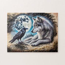 Quebra-cabeça Wolf e Raven em Rock na Lua Cheia