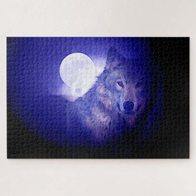 Quebra-cabeça Wolf Fullmoon e Blue Night - Arte para Animais Sel (Horizontal)