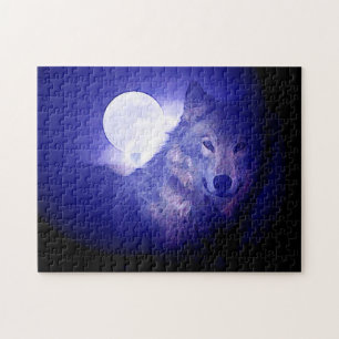 Quebra-cabeça Wolf Fullmoon e Blue Night - Arte sobre Animais Se