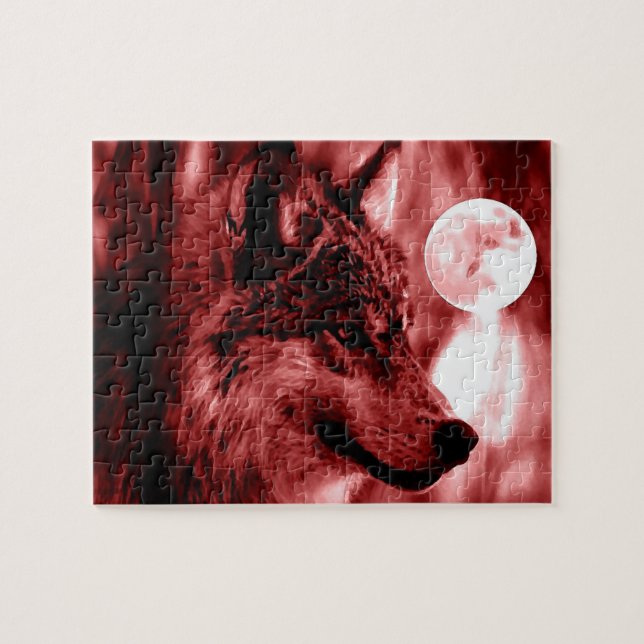 Quebra-cabeça Wolf Fullmoon e Red Night - Arte de Animais Selvag (Horizontal)