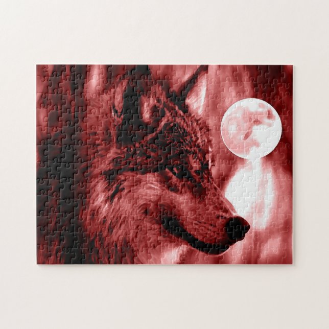 Quebra-cabeça Wolf Fullmoon & Red Night - Arte sobre Animais Sel (Horizontal)