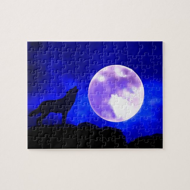 Quebra-cabeça Wolf Howling em Lua Blue Night Trabalho de arte (Horizontal)