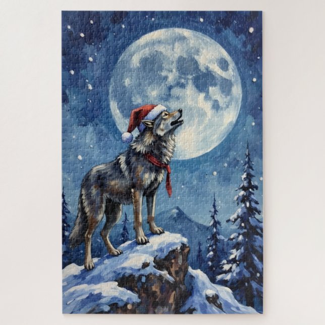 Quebra-cabeça Wolf Howling Under the Christmas Moon Hat (Vertical)