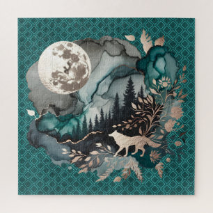 Quebra-cabeça Wolf Landscape & Moon Teal Dourado
