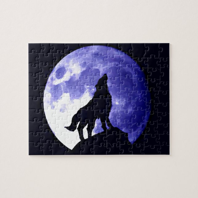 Quebra-cabeça Wolf Silhouette e Lua cheia (Horizontal)
