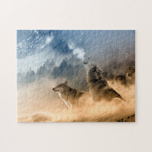 Quebra-cabeça Wolfs Howl em uma Noite Fria Foggy Starry Fall