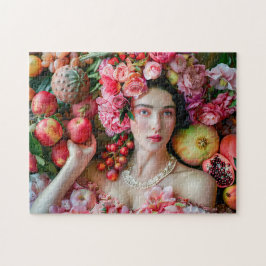 Quebra-cabeça Woman in floral dress with fruit display