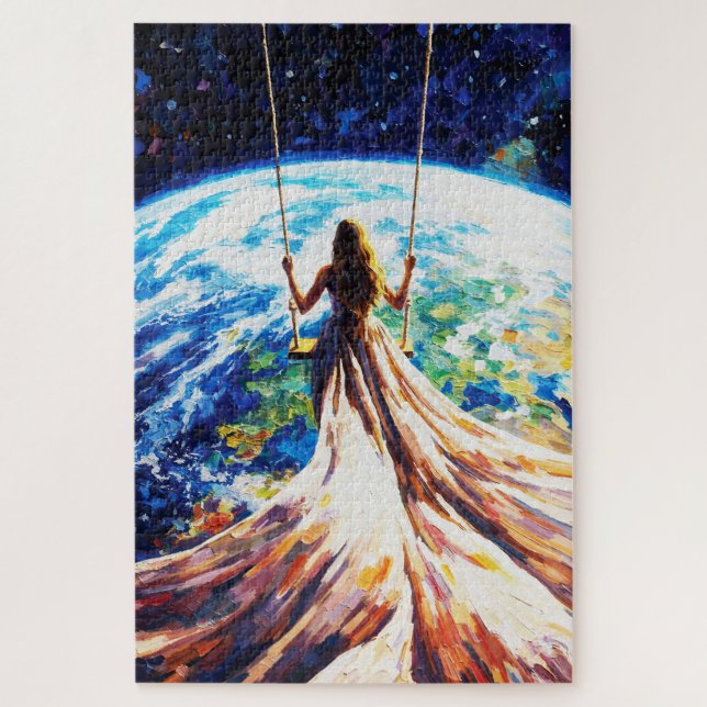 Quebra-cabeça Woman on Swing Over Earth Impasto Oil Painting (Vertical)
