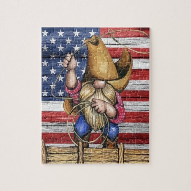 Quebra-cabeça Wooden American Flag Com Cowboy Gnomo (Vertical)