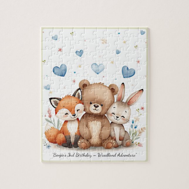 Quebra-cabeça Woodland Animals Bear Fox Bunny Blue Hearts (Vertical)