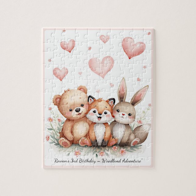 Quebra-cabeça Woodland Animals Cute Bear Fox Bunny Pink Hearts (Vertical)