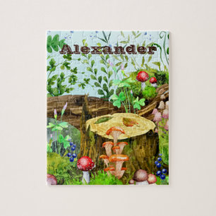 Quebra-cabeça Woodland Watercolor Forest Mushroooms Plantas Nome