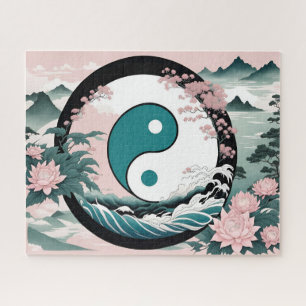 Quebra-cabeça Yin Yang, Floral Mountain Pink Sage Teal