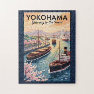 Quebra-cabeça Yokohama Japão Ilustração Arte de Viagem Vintage