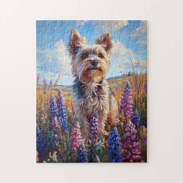 Quebra-cabeça Yorkie Terrier Flores De Lupão Roxo (Vertical)