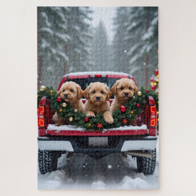 Quebra-cabeça Yorkipoo Christmas Red Truck Holiday Gift (Vertical)