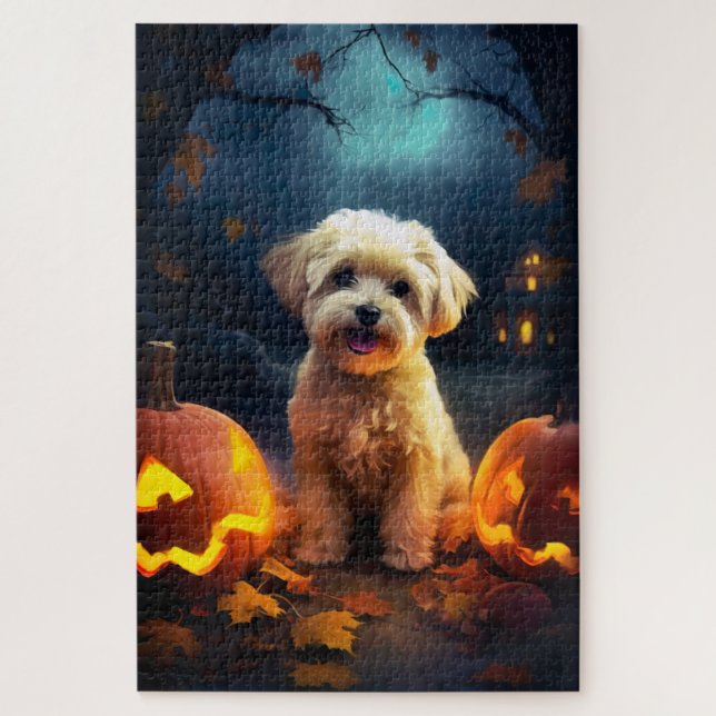 Quebra-cabeça Yorkipoo do Halloween Com Pumpkins Assustado (Vertical)