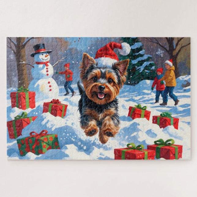 Quebra-cabeça Yorkshire Terrier na Neve com Chapéu de Natal (Horizontal)