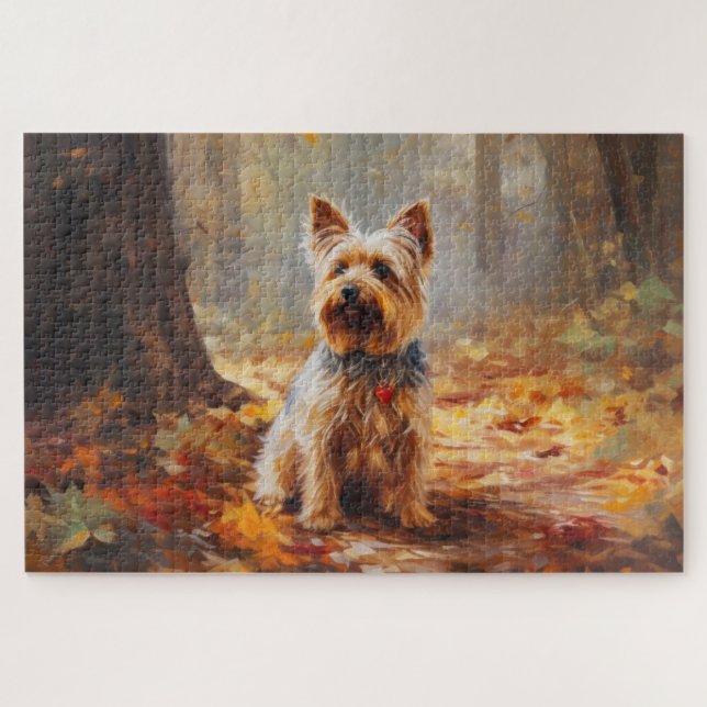 Quebra-cabeça Yorkshire Terrier no Outono Folhas Caídas Inspiram (Horizontal)